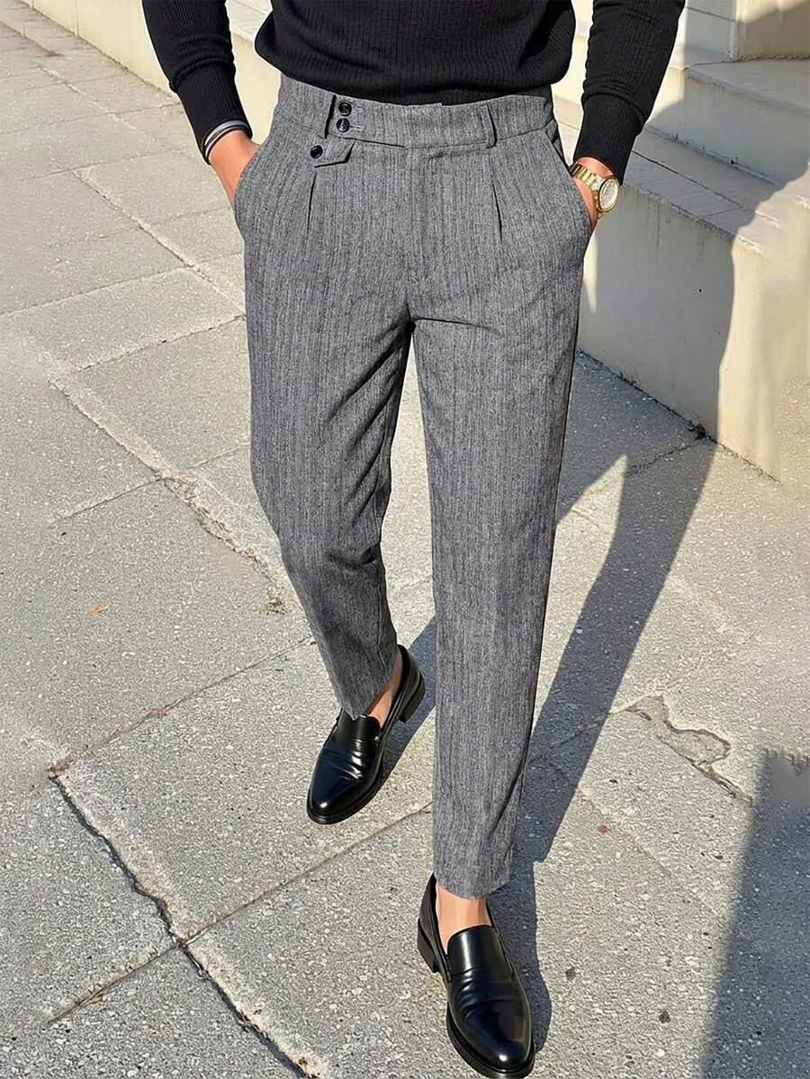 Manfinity Bizformal 老钱正装，新款秋冬复古绅士风高腰直筒宽松西装裤，垂坠感防皱灯芯绒休闲丝绒西装裤，都市休闲日常通勤及外出，英伦复古时尚高腰直筒羊羔绒厚款西装裤，正装裤，防皱，易于打理，可调节复古西装裤，英伦绅士风，商务休闲风，正式场合，男友礼物，男士黑色和灰色西裤，男士褶裥西装裤，周末旅行，户外活动，探险旅行，轻松的工作环境或半正式场合，男友/丈夫礼物，周年纪念/生日礼物，派对，夏季假期，新年，婚礼，情人节，男士西装裤，细条纹西裤，男士修身西裤，男士弹力西裤 裤子 - 鏽棕色 - 查看 1