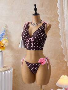 Bellisia Bộ 2 món, hàng mới về, họa tiết chấm bi, dây rút hai bên, gồm quần bikini và áo hai dây cho nữ, thích hợp mặc mùa xuân/hè. - Nhiều màu - Xem 3