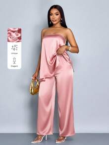 SOLERSUN Sexy And Elegant Satin Suit Featuring An Asymmetrical Hemline, Strapless Top, And Wide-Leg Trousers. Perfect For Everyday Wear, Business Meetings, Casual Commutes, Spring/Summer Vacations, Parties, And Music Festivals. Made Of Pink Satin. - Pink - View 1