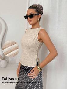 Lavishia 女士纯色简约无袖衬衫，休闲装 - 杏色 - 查看 8