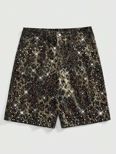 ROMWE MEN Street Life Shorts vaqueros holgados con estampado de leopardo y perlas y diamantes para hombre