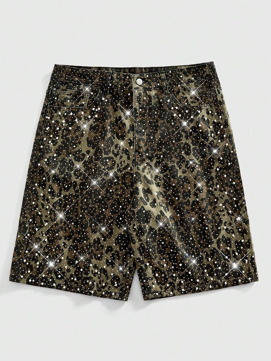 ROMWE MEN Street Life Men's Pearl & Diamond Leopard Print Loose Denim Shorts - Multicolor - View 1