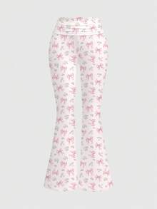 ROMWE Kawaii Cute Rabbit Heart Dessert Cake Rabbit Bow Tie Sexy Low-Cut Bodycon Low-Waist Flare Pants Vintage 2-Piece Set For Women - Pink - View 4