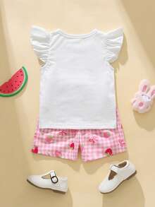 SHEIN Playful Pals Bộ 2 món cho bé gái sơ sinh/trẻ nhỏ 0-3 tuổi, mùa xuân hè, kiểu dáng thường ngày dễ thương, họa tiết mèo hoạt hình ăn dưa hấu, áo thun tay ngắn và quần short màu hồng hình trái tim. - Hồng - Xem 2