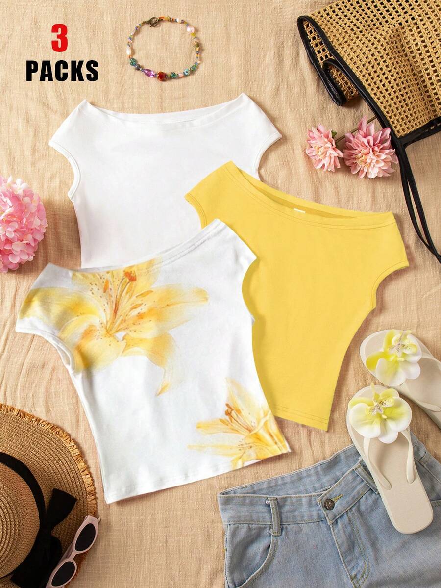 Sparklyn 3pcs/Set Tween Girl Vacation Snug Fit Off-Shoulder Multicolor T-Shirts - Yellow - View 1