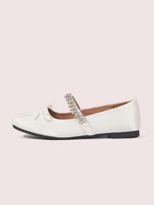 CUCCOO DOLLMOD Ladies White Spring And Summer Square Head Rhinestone Trip Band Simulation Silk Satin Fashion Mary Jane - White - View 2