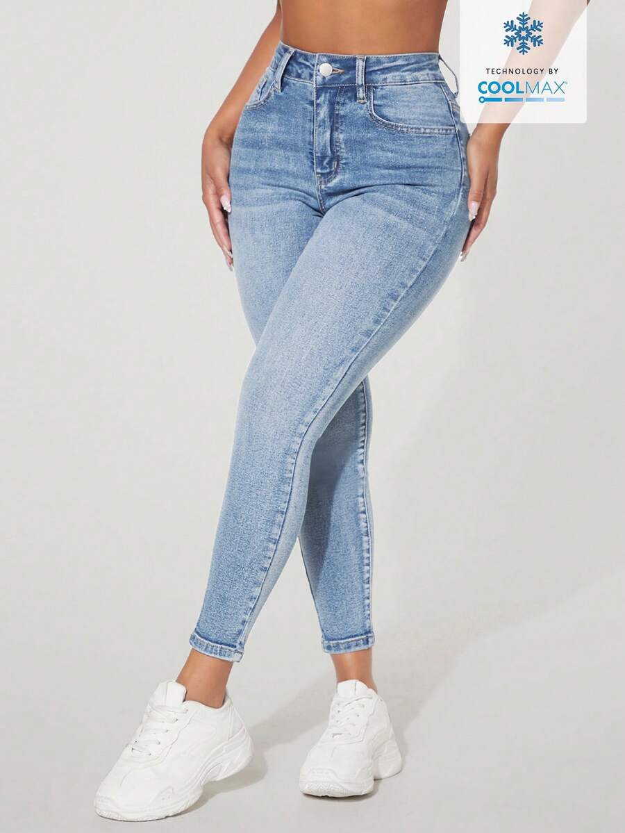 SHEIN PETITE Women's Fashionable Washed Skinny Jeans - Blue - View 1