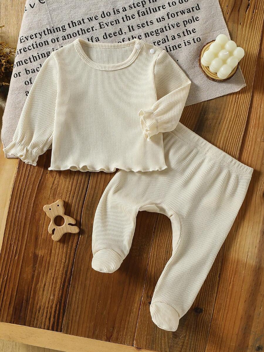 新生儿柔软有机棉华夫格针织杏色圆领露肩长袖紧身袖口上衣和长裤两件套 - 杏色 - 查看 1