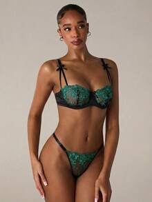 SHEIN BAE 2件套紫色浪漫花卉刺绣性感内衣套装（女士款） - 墨綠色 - 查看 5