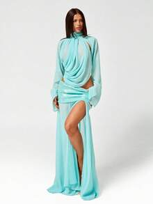 SHEIN ICON Chân váy nữ xẻ cao, đính sequin và phối nhiều mảnh, kiểu dáng gợi cảm, thích hợp cho kỳ nghỉ hè. - Màu xanh nhạt - Xem 4