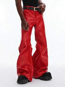 STYNVO Quần da PU dáng rộng thời trang đường phố dành cho nam giới - Đỏ - Xem 1