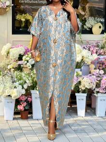 SHEIN CURVE+ Đầm dài tay thanh lịch, in họa tiết cổ điển, tối giản, kiểu dáng truyền thống, thích hợp mặc vào mùa xuân và mùa hè. Đầm dài tay trang nhã, cỡ lớn, thiết kế cổ tròn, thích hợp mặc vào mùa xuân. - màu đen - Xem 4