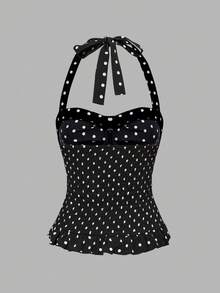 ROMWE Avant 女士浪漫度假风格波尔卡圆点和格子露背挂脖背心套装 - 彩色 - 查看 7