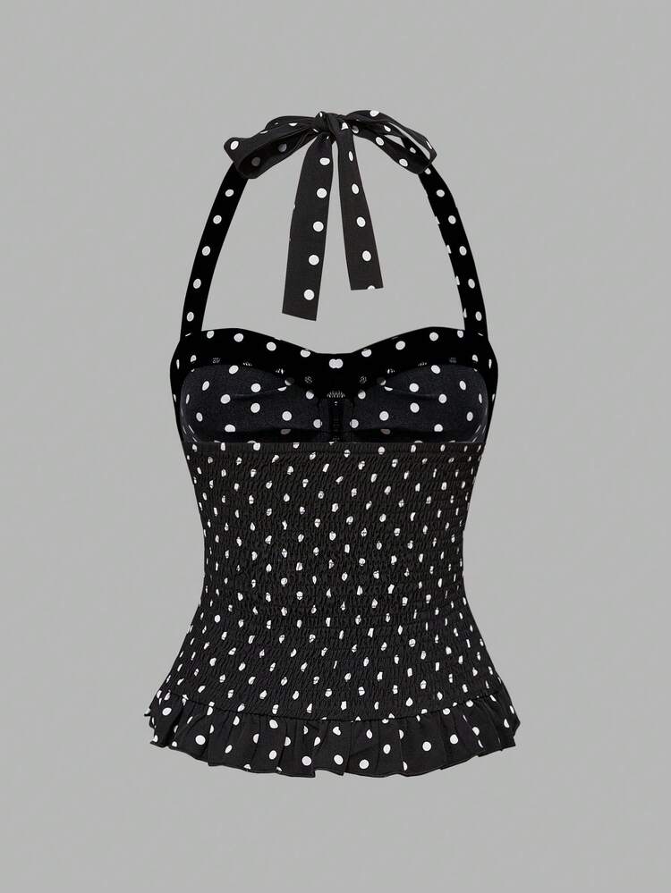 ROMWE Avant Spring/Summer Valentine's Day Women's Romantic Vacation Style Polka Dot & Plaid Backless Halter Neck Tank Top Sets - Multicolor - View 7