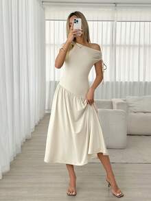 Easowa Women's Asymmetrical Asymmetric Shoulder Ruched Tie Bow Decor Dress - Apricot - View 4