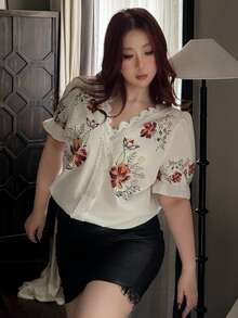 Vibekara Áo kiểu nữ cỡ lớn cổ chữ V, phối ren, họa tiết hoa, tay ngắn, thêu giả ren, kiểu dáng thanh lịch, cổ điển, thường ngày, màu trắng, thích hợp cho kỳ nghỉ. - trắng - Xem 5