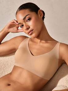 Veilyse 1pc Wireless Seamless Solid Color Comfortable Wide Strap Ladies Brafor Summerfor Summer - Apricot - View 3