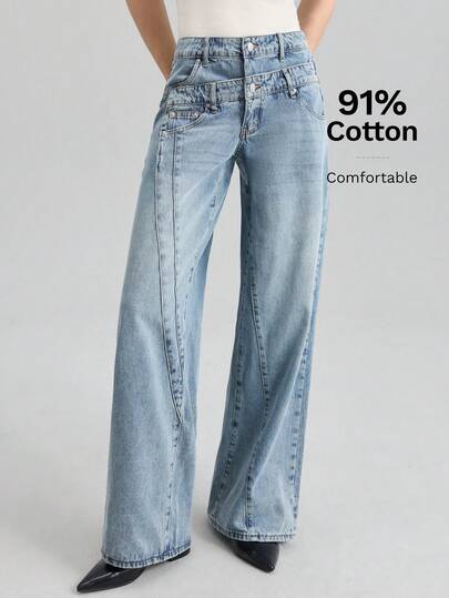 Ontre Quần jeans nữ màu xanh nhạt wash, bộ sưu tập Xuân/Hè 2026, thời trang đa năng, phù hợp đi làm hàng ngày, phong cách thành thị thanh lịch, tối giản, thích hợp cho mùa Xuân/Hè, đi nghỉ mát, hẹn hò, trang phục ngày lễ, quần jeans denim nữ cạp lệch thời trang.