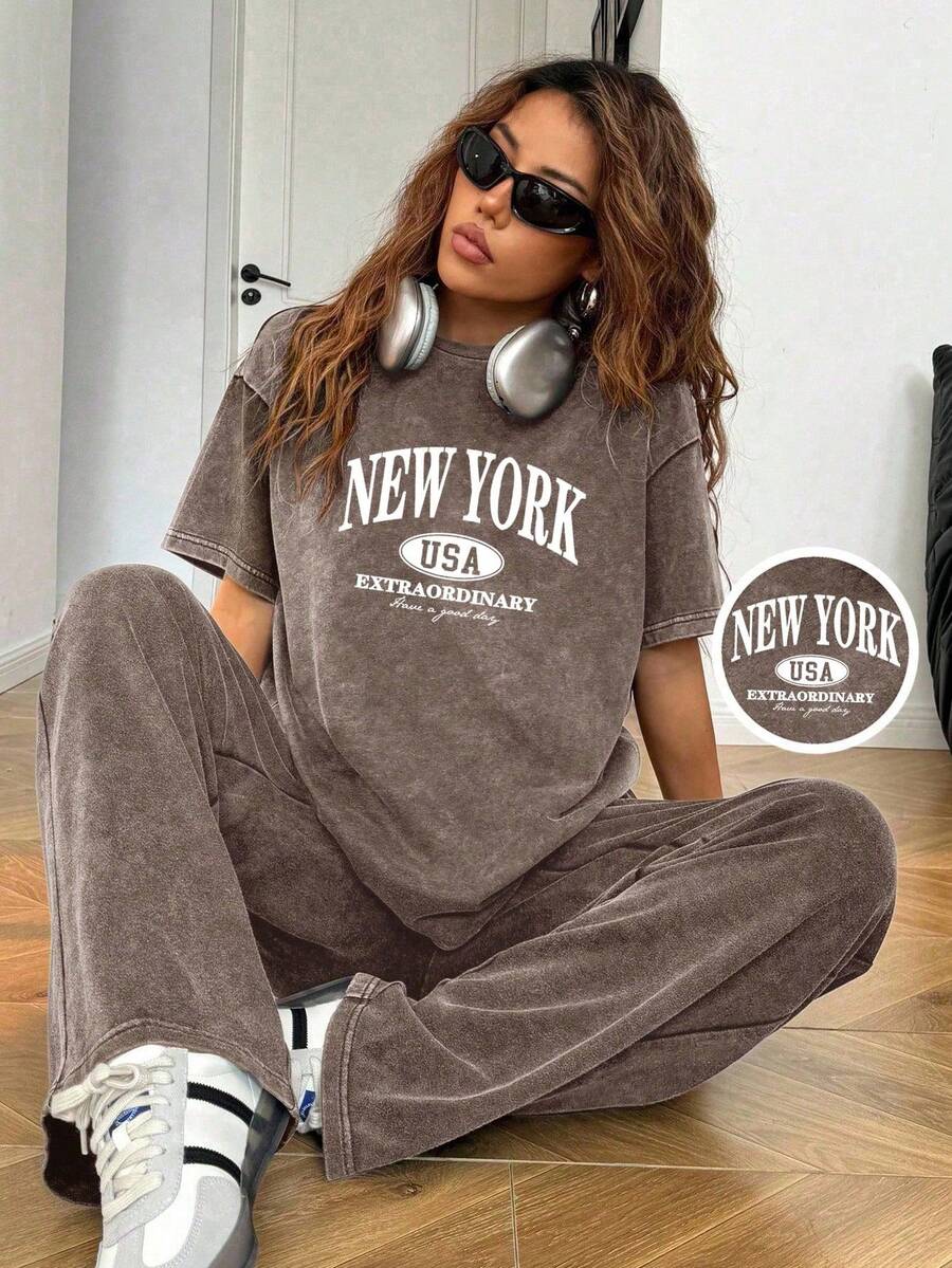SHEIN EZwear Bộ 2 món áo thun và quần nữ màu nâu bạc màu, kiểu dáng thường ngày. - màu nâu - Xem 1