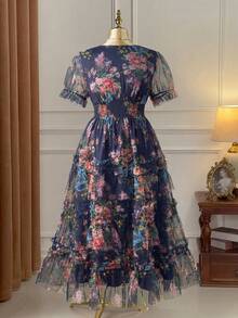 Rometta Plus Size New Short Sleeve Cake Tulle Floral Dress, Suitable For Birthday Party, Afternoon Tea, Valentine's Date, Wedding, Evening Gala - Royal Blue - View 2