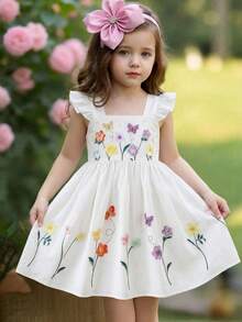 Emery Rose Kids 女童纯色碎花方领荷叶边下摆休闲连衣裙 - 彩色 - 查看 4