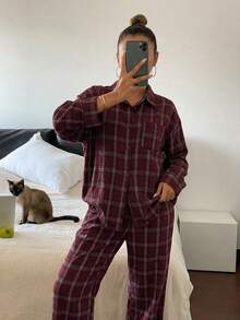 DAZY Women's Plaid Pajama Set, Loose Fit, Suitable For Autumn/Winter And Christmas - Burgundy - View 4