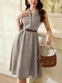 Vintamour Vintage Retro Elegant Women's Grey Autumn Office Shirt Dress With Pockets And Belt,Business Casual Wedding Guest Vacation Spring Summer Sun Dresses - Khaki - View 3