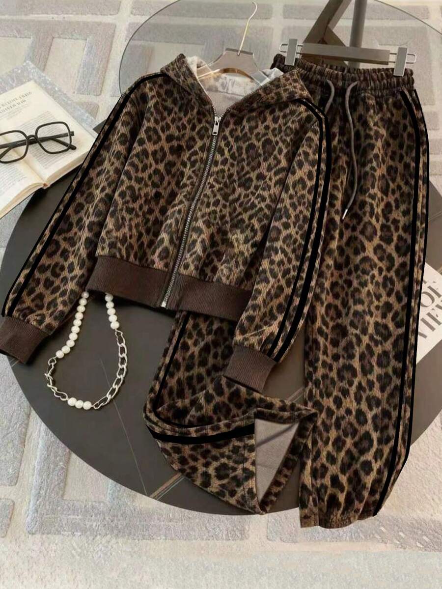 Franclia Women Leopard Print Zip Front Hoodie And Pants Casual Tracksuit Set - Brown - View 1