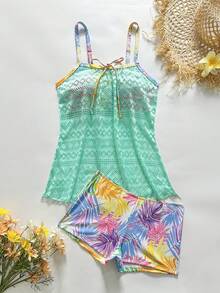 Swim Lushoire Bộ bikini tankini mới về mùa Xuân/Hè với họa tiết chắp vá khoét rỗng, gồm váy và quần, áo hai dây. - Nhiều màu - Xem 5