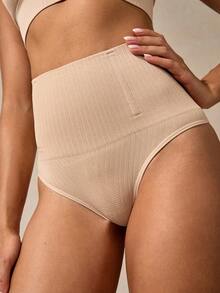 Veilyse High Waisted Tummy Control Rib Knit Shapewear Thong For Women Comfortable Everyday Wearfor Summer - Beige - View 1
