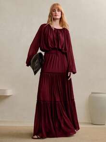 Arave Conjunto de blusa de manga farol calada y falda evasé con volantes para mujer, diseño de cintura ceñida, adecuado para el uso diario - Burdeos - Ver 6