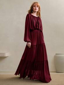 Arave Conjunto de blusa de manga farol calada y falda evasé con volantes para mujer, diseño de cintura ceñida, adecuado para el uso diario - Burdeos - Ver 7