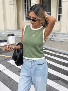 Áo len nữ cổ tròn không tay, phối màu tương phản, thắt nơ phía trước, kiểu dáng thường ngày. - màu xanh lá - Xem 5