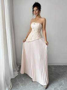 SHEIN Elenzya 女款白色夏季優雅婚禮賓客洋裝，粉色與金色花卉提花抹胸收腰百褶裙襬無袖正式禮服 - 粉色 - 查看 5