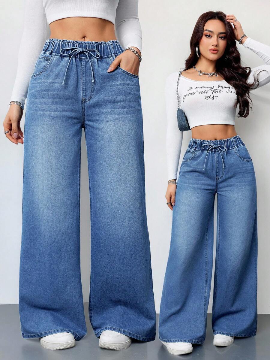 SHEIN Tall 女款牛仔褲休閒高腰寬腿長褲 藍色女款牛仔褲 夏季女裝彈性腰帶牛仔褲 休閒寬鬆直筒褲 高個女性適用 - 淺色水洗藍 - 查看 1