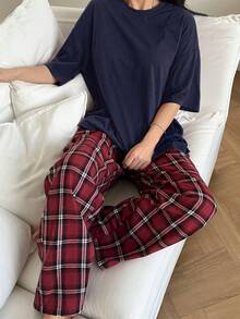 Casual Loose Top And Plaid Pants Loungewear Set, Outfits Pajama - Navy Blue - View 4
