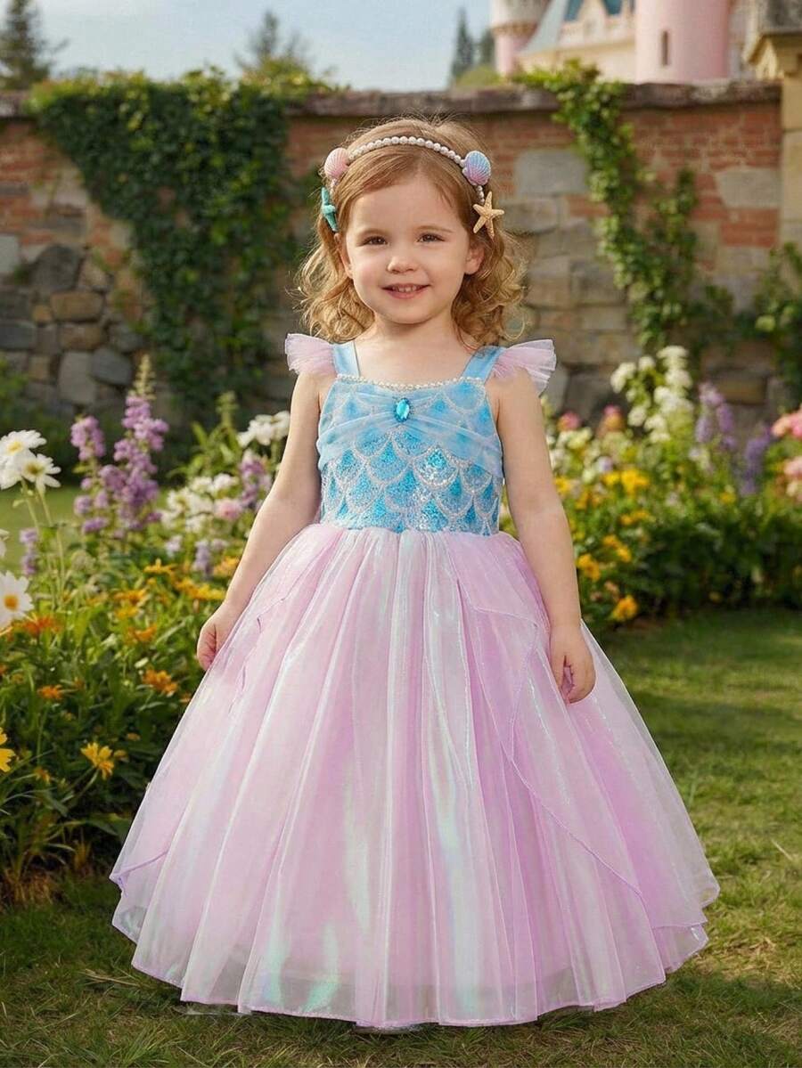 SHEIN Glamorique Kids 小女孩公主裙,吊带短袖,紫色,亮片,舞会礼服,生日派对,婚礼,节日,优雅正式礼服 - 紫色 - 查看 1