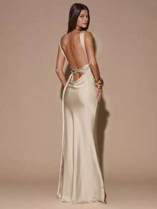 SHEIN BAE 性感简约纯色奶油黄深V领无袖露背系带鱼尾长裙，适合派对、鸡尾酒会、正式场合、伴娘、生日、圣诞节、商务休闲等场合。 - 卡其色 - 查看 8