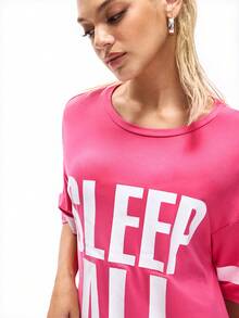 夏季休闲口号印花宽松睡袍 - 玫紅色 - 查看 6