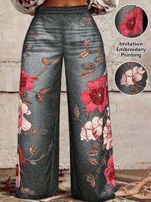 Maweii 大码女式法式优雅印花休闲裤 - 灰色 - 查看 3