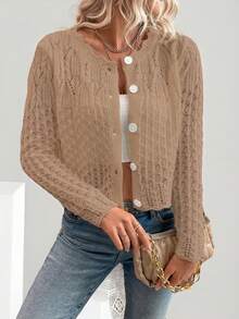 EMERY ROSE Women's Round Neck Hollow Front Button Cardigan, Autumn/Winter Knitted Sweater Jacket Back-To-School Golf White Sexy - Orange - View 5