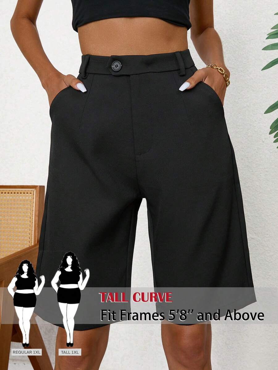 SHEIN Tall CURVE 大码休闲百搭通勤纯色阔腿短裤 - 黑色 - 查看 1