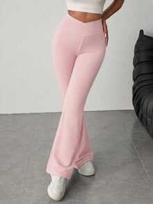 SHEIN Teenager Mädchen solide rosa Hose mit hoher Taille und Weitung, geeignet für Zuhause, Lässig, Outdoor Sport - Pink - Übersicht 5