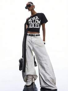 LYSMO 2026新款极简春夏女装字母印花不对称领口扭结休闲短袖T恤，露肩印花T恤，黑色 - 黑色 - 查看 5