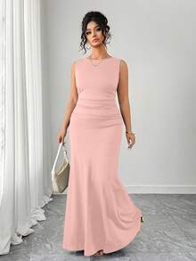 Elenzga Women's Elegant Sleeveless Round Neck A-Line Dress, Waist Ruched Design, Solid Knit Fabric - Pink - View 4