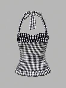 ROMWE Avant 女士浪漫度假风格波尔卡圆点和格子露背挂脖背心套装 - 彩色 - 查看 6