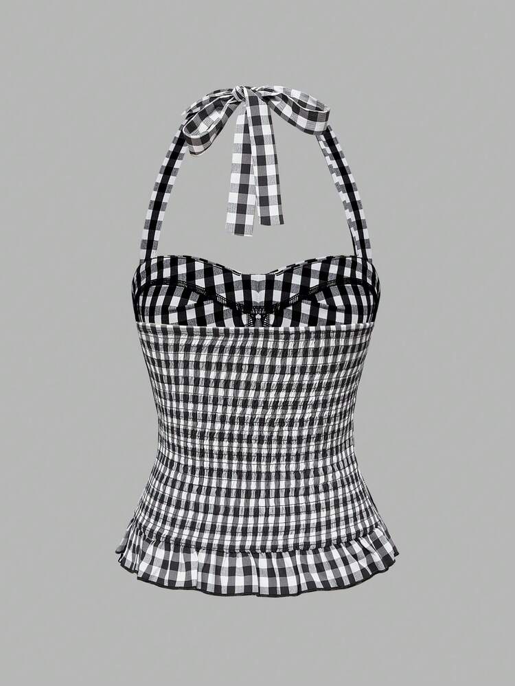 ROMWE Avant Spring/Summer Valentine's Day Women's Romantic Vacation Style Polka Dot & Plaid Backless Halter Neck Tank Top Sets - Multicolor - View 6