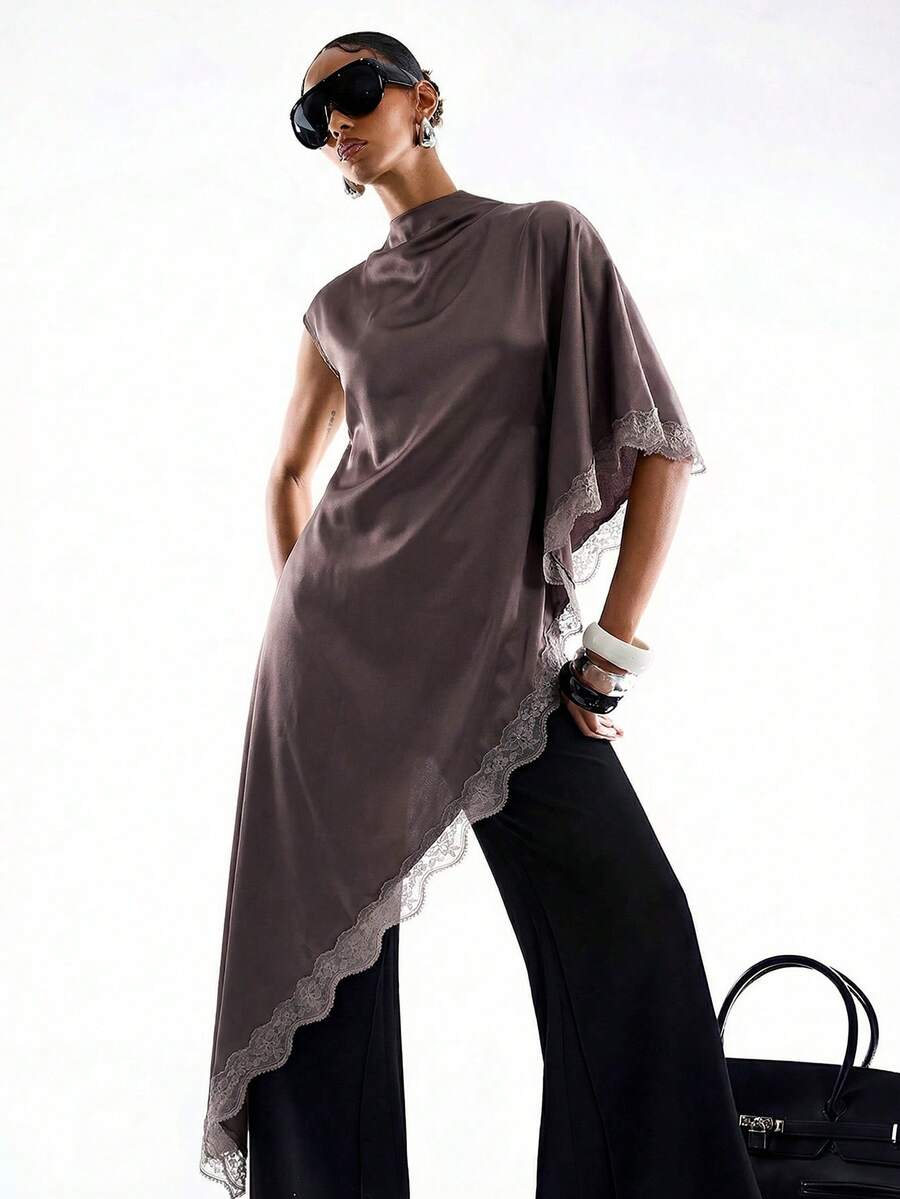 LYSMO 2026新款极简春夏女装优雅通勤巧克力棕色蕾丝边不对称下摆T恤、不对称衬衫、不对称上衣、不对称连衣裙 - 巧克力棕 - 查看 1