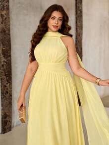 Roveilla Vestido de verano elegante para invitada de boda de talla grande para mujer, amarillo, de gasa, con cuello con volantes, espalda con lazo, cintura fruncida, fluido, sin mangas, largo, estilo vintage - Amarillo - Ver 3