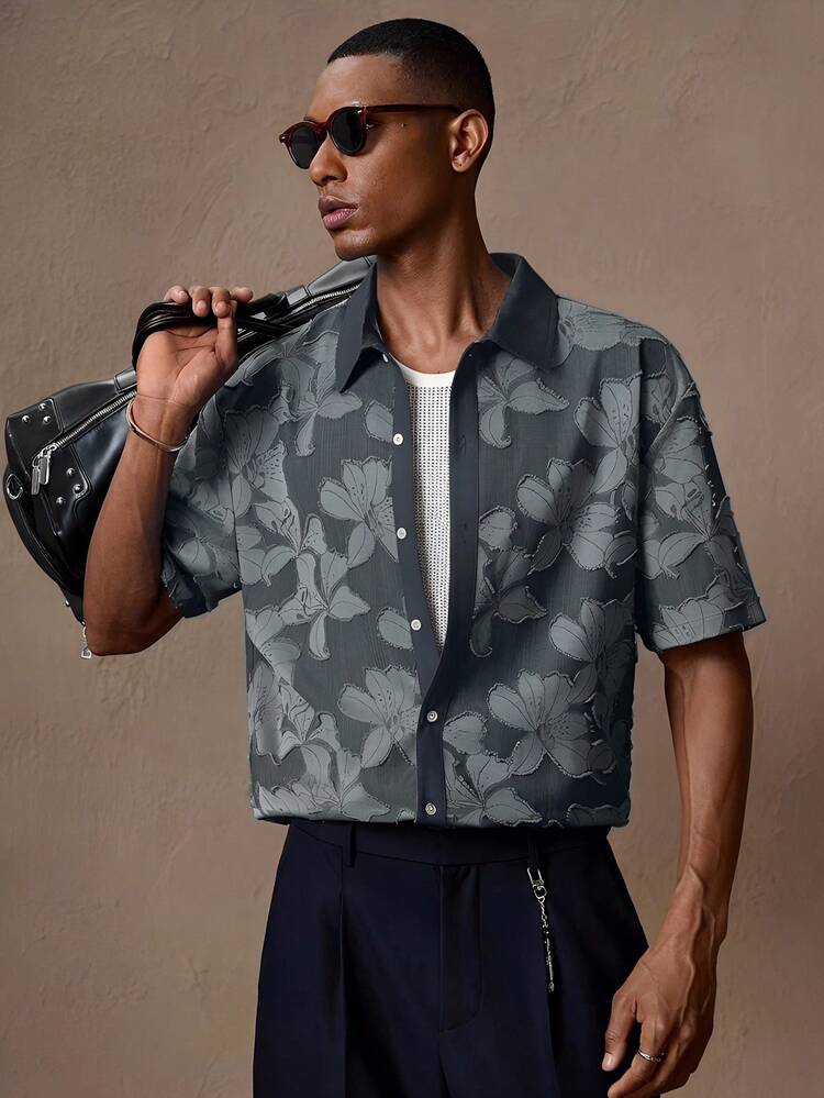 AKNOTIC Men's Blue Floral Jacquard Casual Loose Short Sleeve Polo